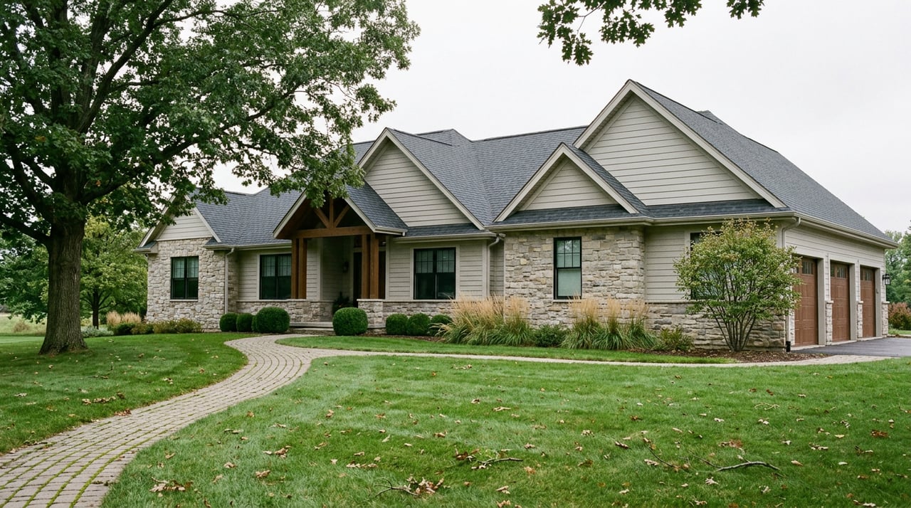 Two-story stone-and-greige home beyond a broad lawn, with a mature oak tree and curved paver walkway.