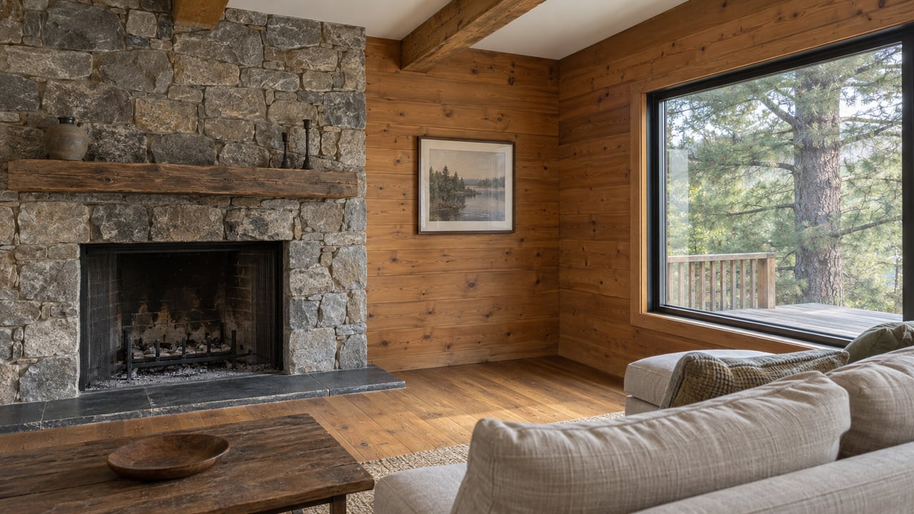 Timber living room with a rough stone fireplace, low linen sofa, and picture window overlooking a deck and pine.
