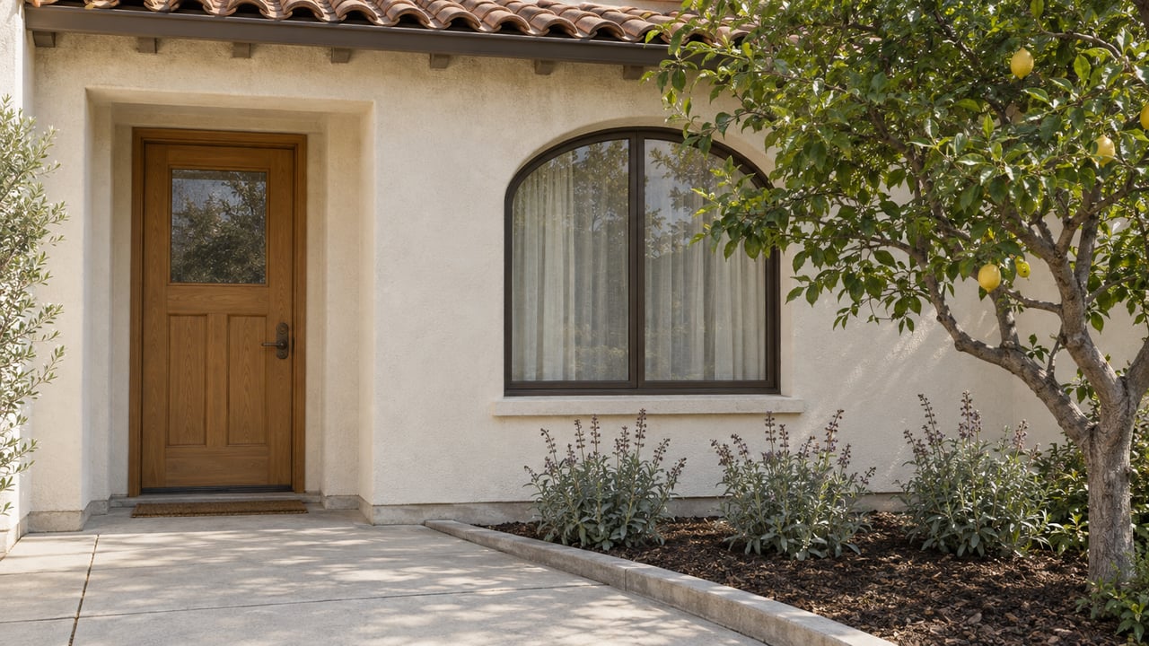Sunlit ivory stucco home with a clay-tile eave, oak front door, arched window, and lemon tree beside a concrete approach.