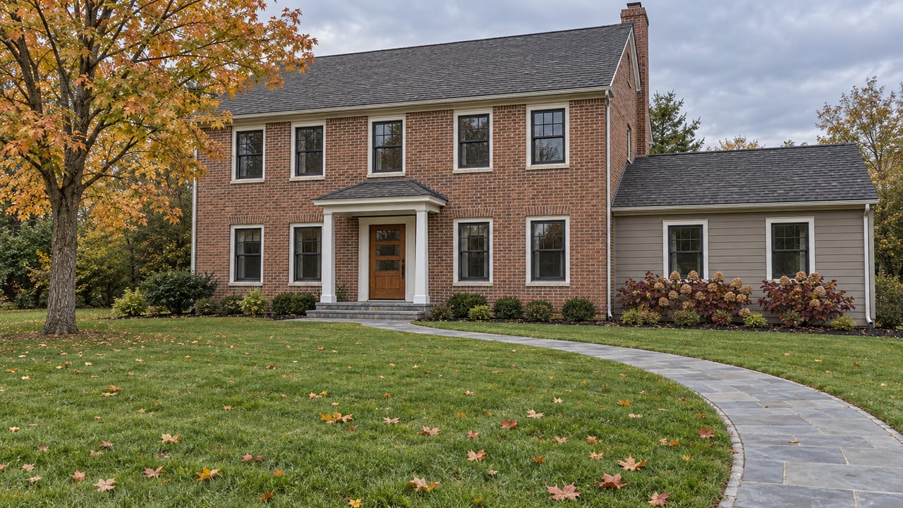 Brick and gray-sided two-story home beyond a broad autumn lawn, with a bluestone approach and an ochre-leaved sugar maple.