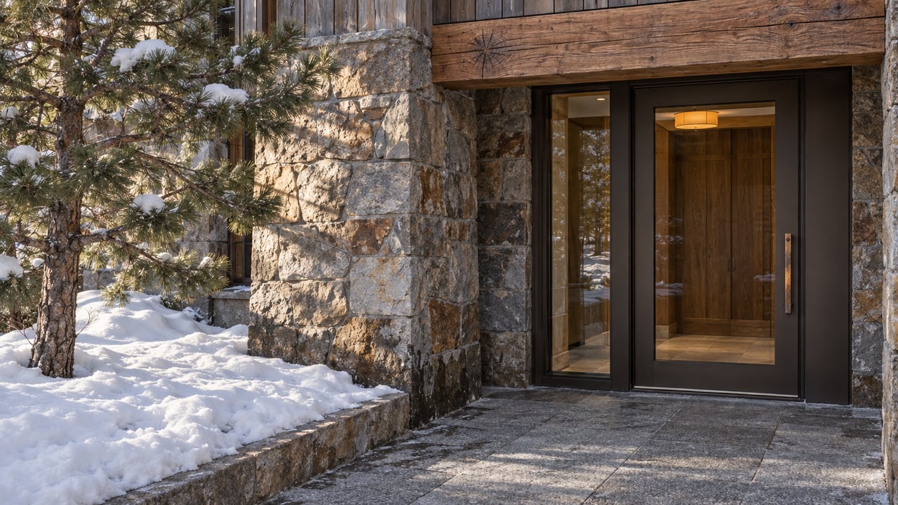 Winter sunlight on a stone-and-timber condominium entrance with bronze-framed glass doors, a cleared granite approach and snow beneath a limber pine.