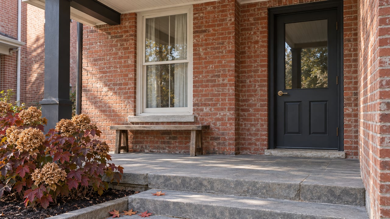 Red-brick home entrance with a charcoal glazed door, white sash window, oak bench and limestone porch steps beside burgundy oakleaf hydrangeas.