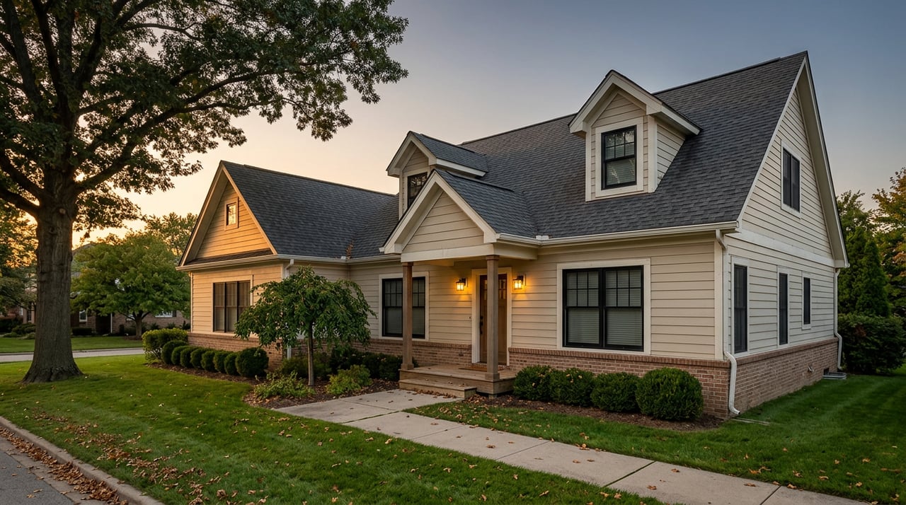 Cream suburban home with gabled roof, twin dormers, a columned porch, and a broad oak at dusk.