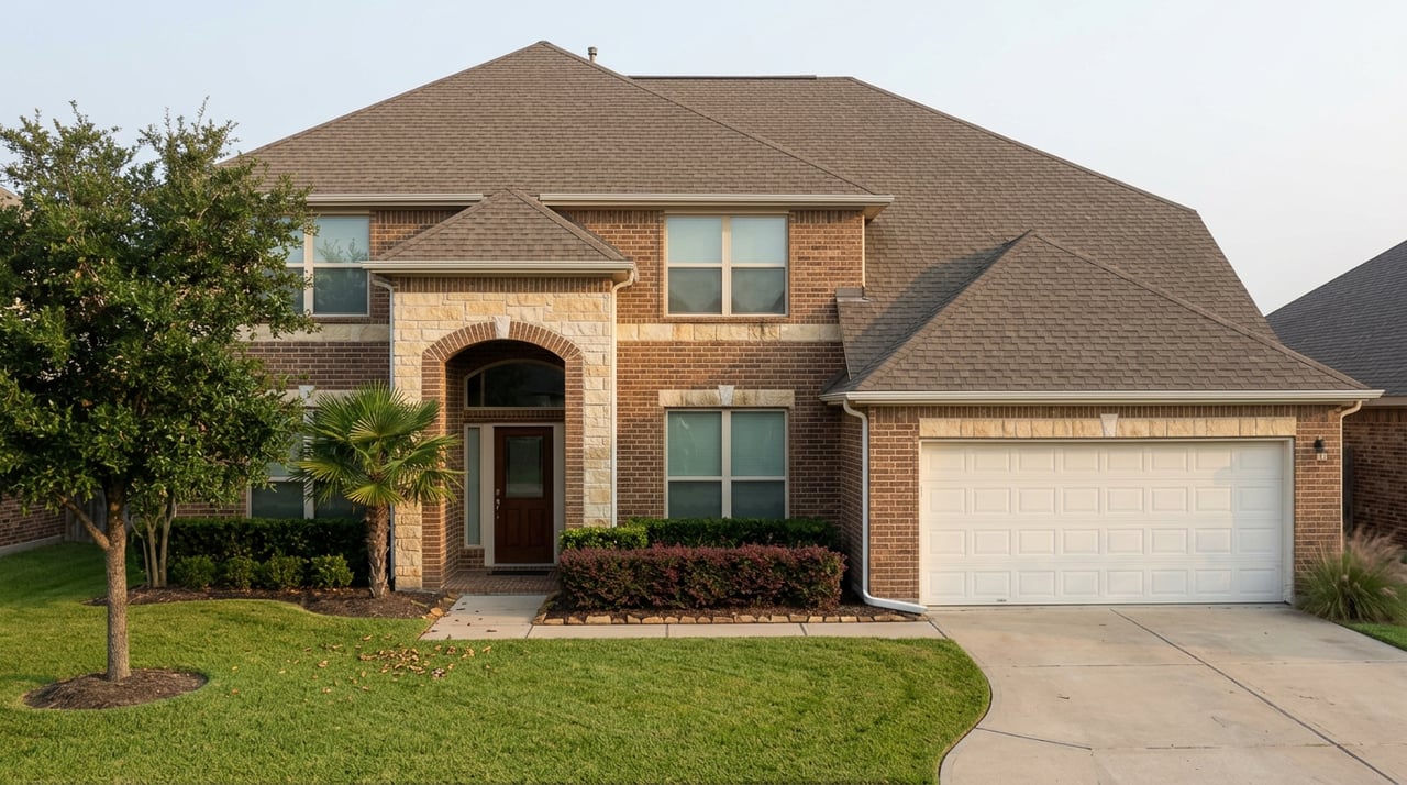 Two-story brick home with limestone trim, arched entry, white garage door, and lawn with palms and flowering grasses.