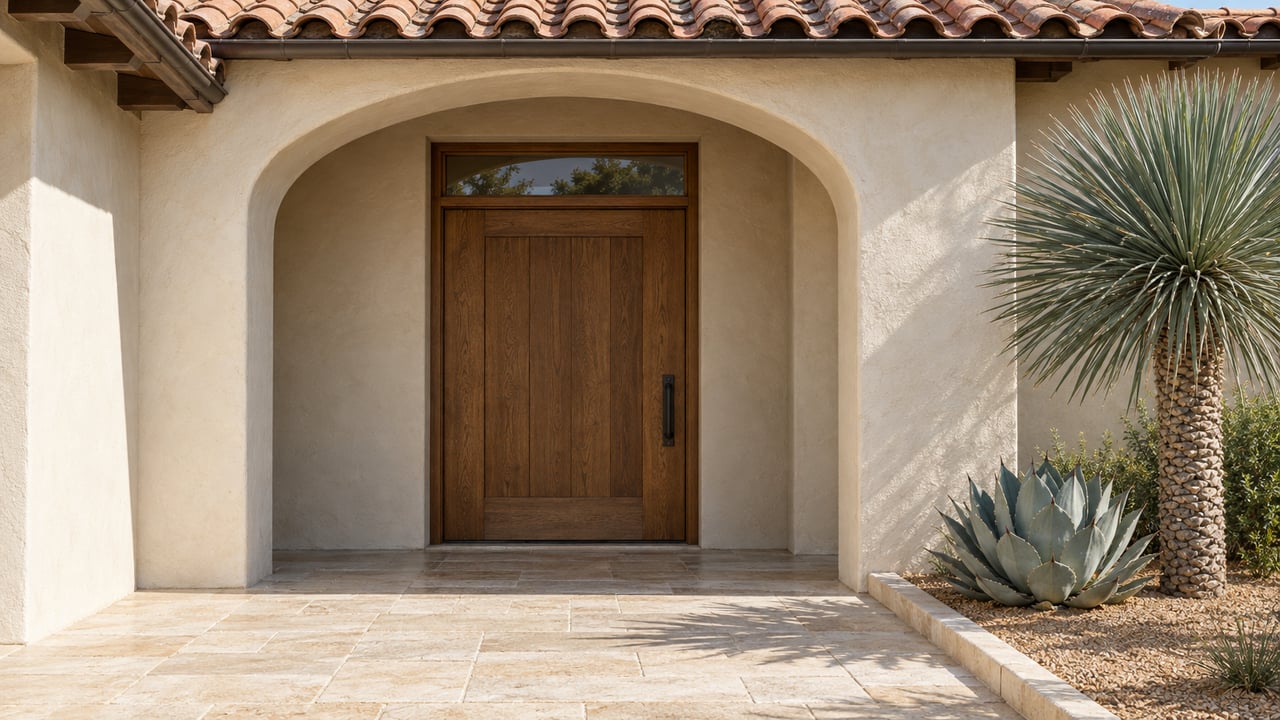 Ivory stucco arched entry with a closed oak door, terracotta roof tiles, limestone paving and sculptural desert planting in morning light.