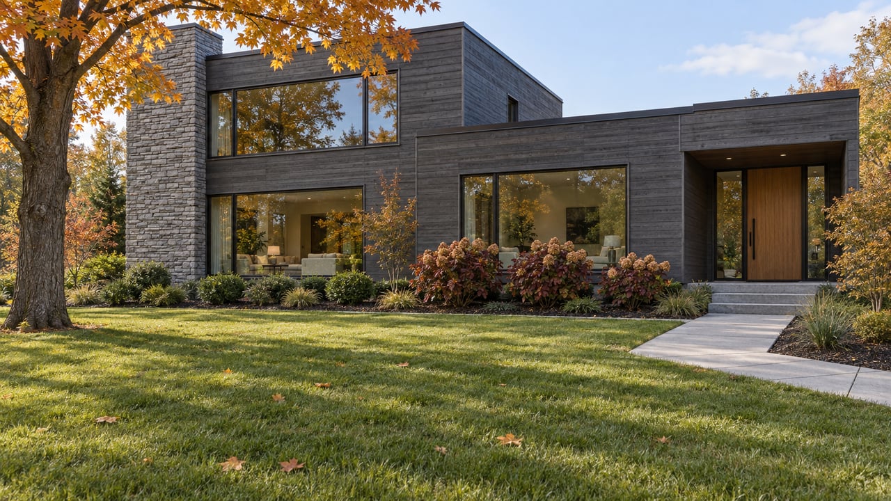 A charcoal cedar and grey stone home beyond a deep autumn lawn, with large picture windows, a recessed oak entry and an ochre-leaved maple.