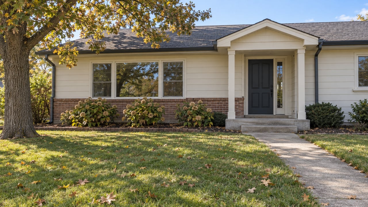 A maintained ranch house with cream siding, brick veneer, a recessed front porch and a broad autumn lawn beneath a mature bur oak.