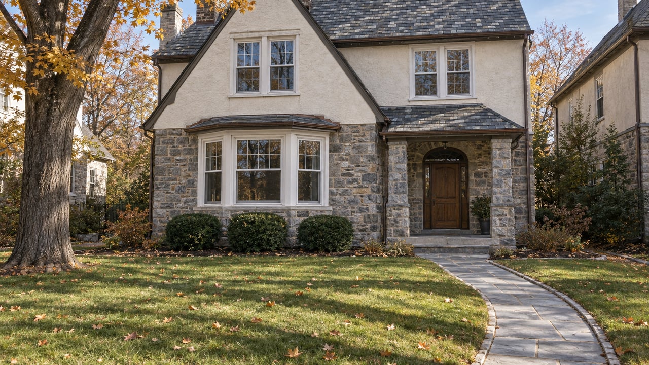 Stone and ivory-stucco detached home with a slate roof, sheltered oak entry, deep autumn lawn and curving bluestone walk.