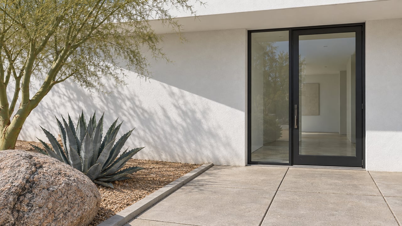Sunlit white modernist entry with dark-framed glass, concrete paving, a granite boulder, blue palo verde and desert agave.
