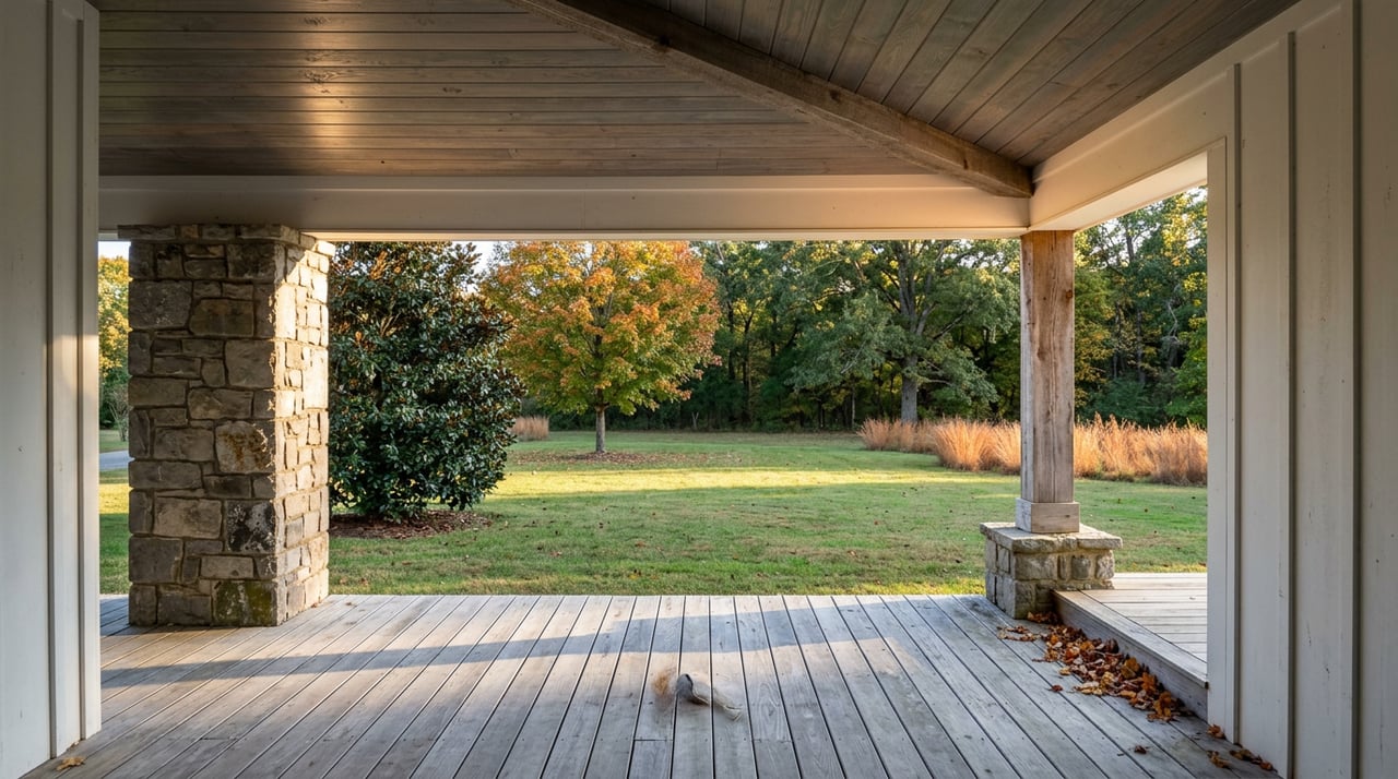 Covered porch with a fieldstone pier and weathered cedar post overlooking a fall-colored lawn and tree line.