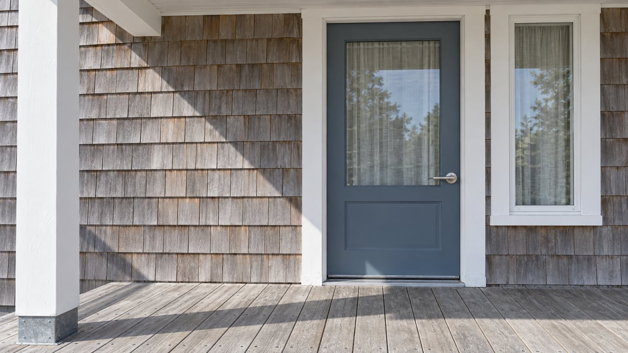 Sunlight across a cedar-shingled raised entry with a blue-gray glazed door, white trim and weathered timber decking.