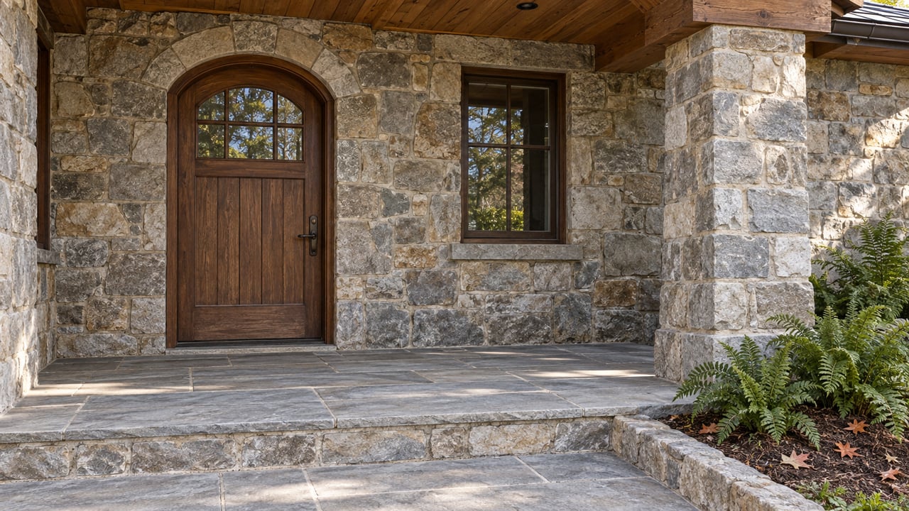 Covered home entrance with heavy timber beams, gray-tan stone masonry, an arched wooden door, and ferns beside a flagstone landing.
