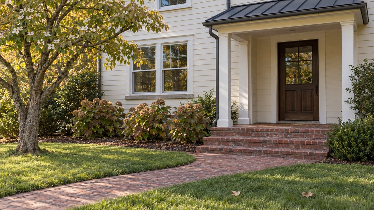 Ivory clapboard home with a covered oak entry, red brick steps, and an autumn dogwood beside a deep front lawn.