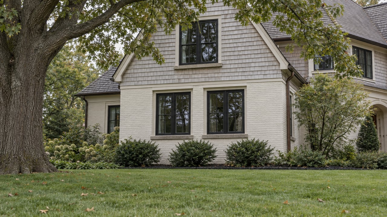 A two-story shingled house bay with paired black-framed windows overlooks a broad lawn beneath an oak canopy.