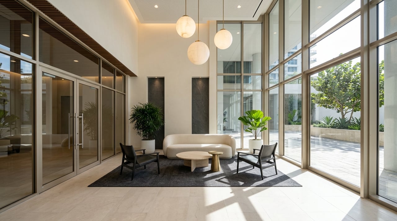 Luxury condo lobby threshold with double-height glazing and curated palms.