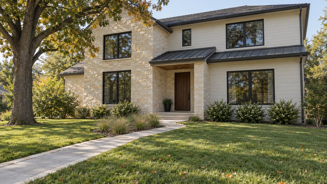 Two-story suburban home with limestone entry, off-white siding, broad lawn, and mature oak.