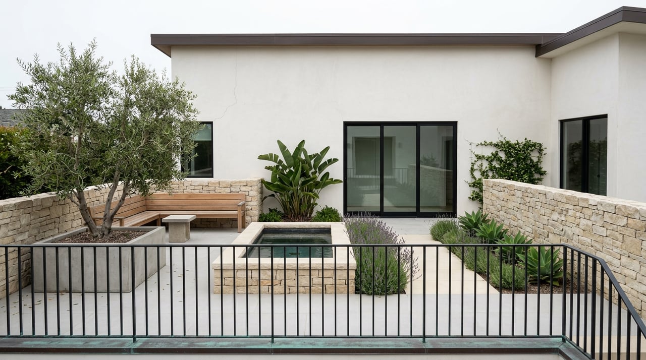 Coastal home courtyard with a limestone path, stone-edged water feature, olive tree, and black-framed glass doors.