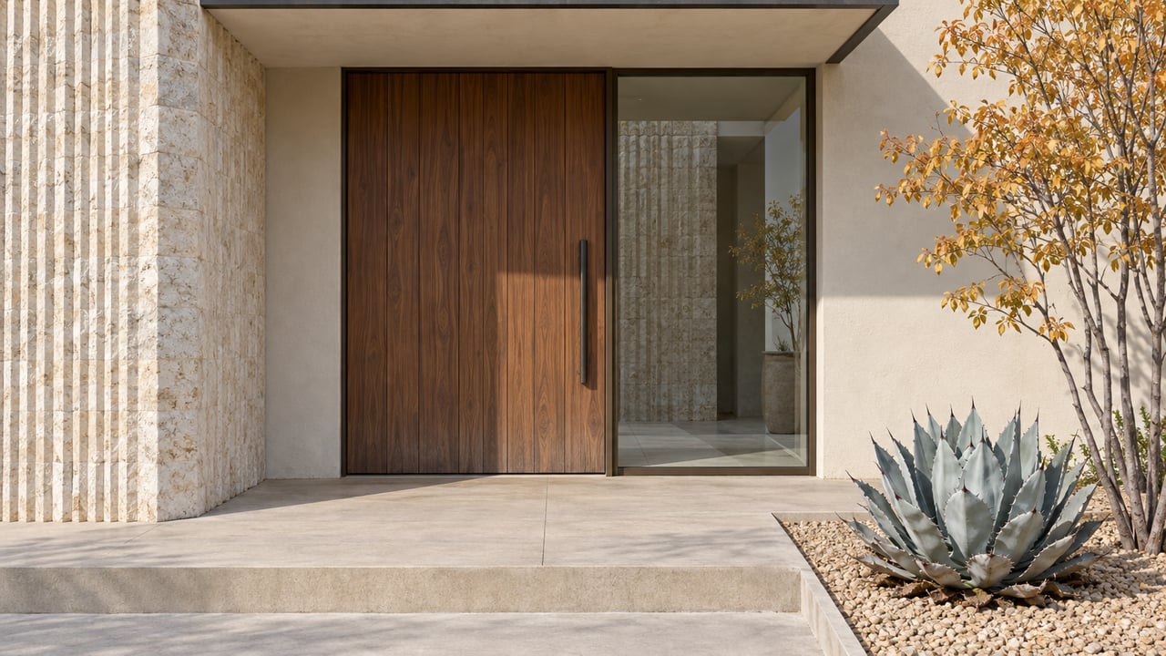 Sunlit modern home entry with a walnut door, ribbed limestone pier, bronze-framed glass and an agave beside the concrete terrace.