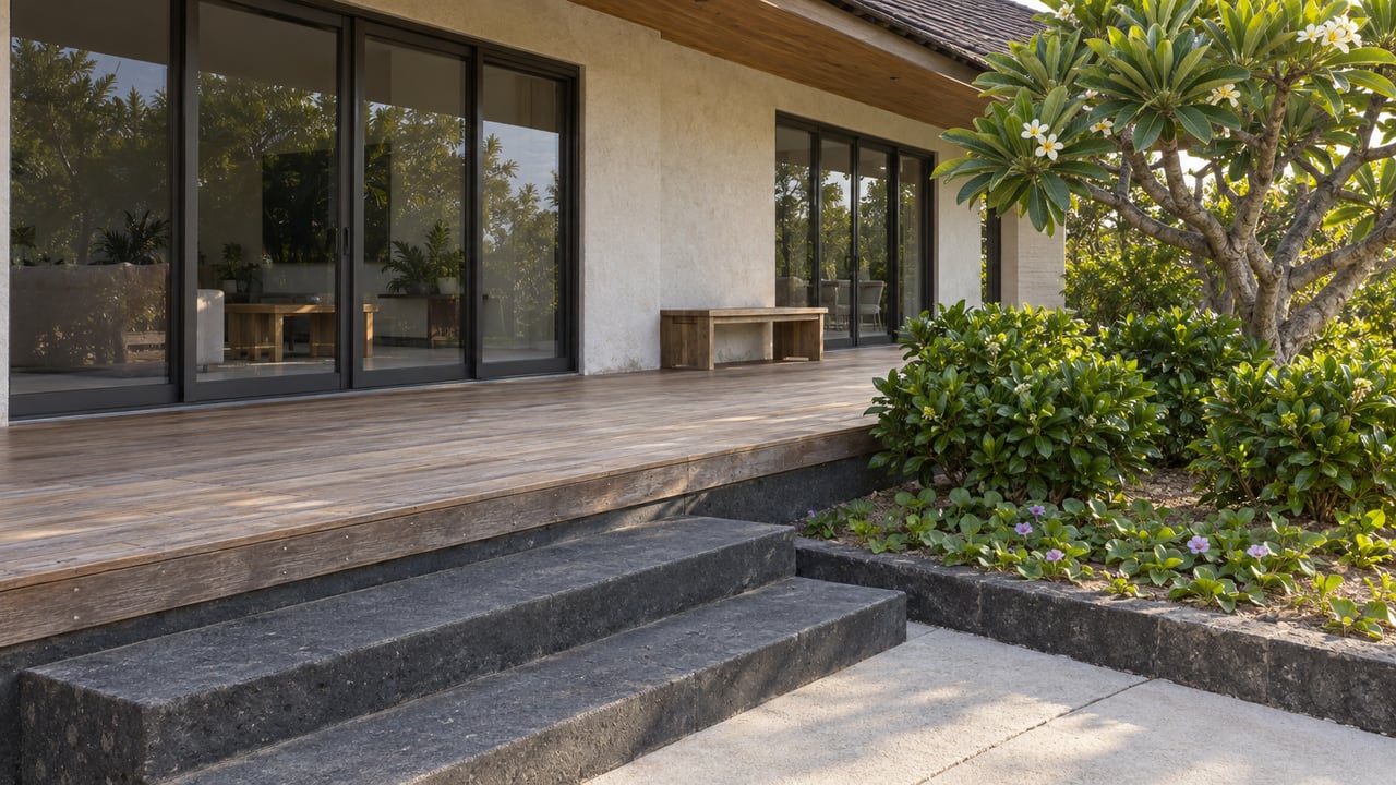 Covered wood terrace with closed bronze-framed glass doors, basalt steps and a neatly contained garden of beach naupaka, beach morning glory and a plumeria tree.
