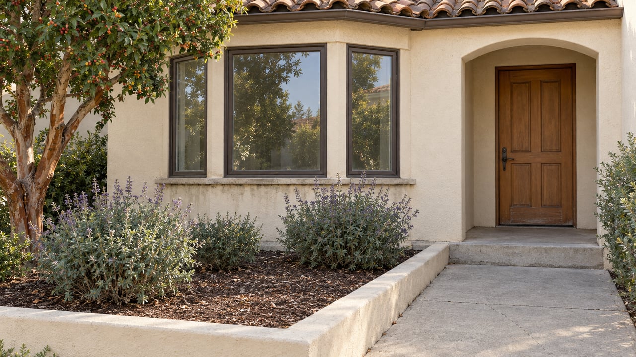 Ivory stucco home with a terracotta roof, bronze-framed bay windows and a wood entry door beside a compact planted garden.