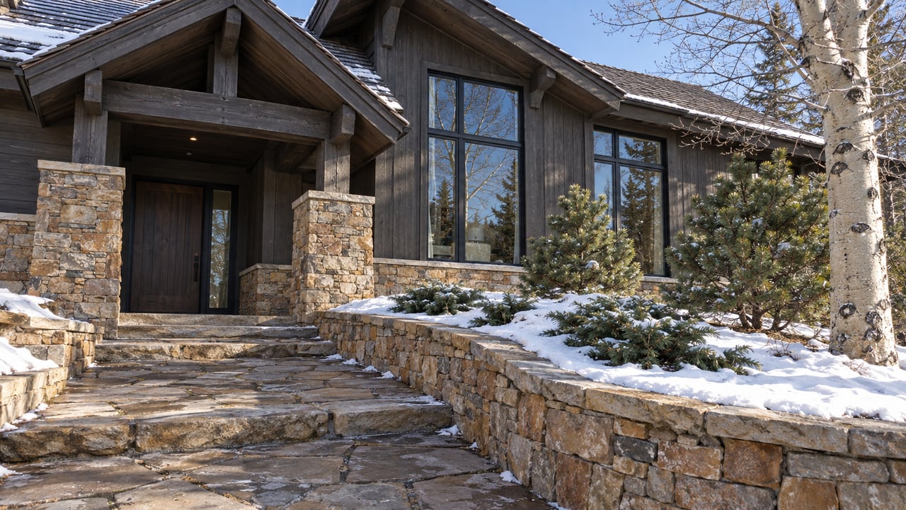 Snow along a flagstone approach to a timber-and-stone home with tall black-framed windows, a covered entrance and a bare aspen.