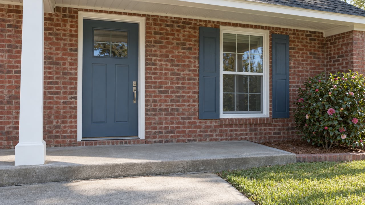 Brick home entrance with a blue-gray front door, matching shutters, and a flowering shrub.