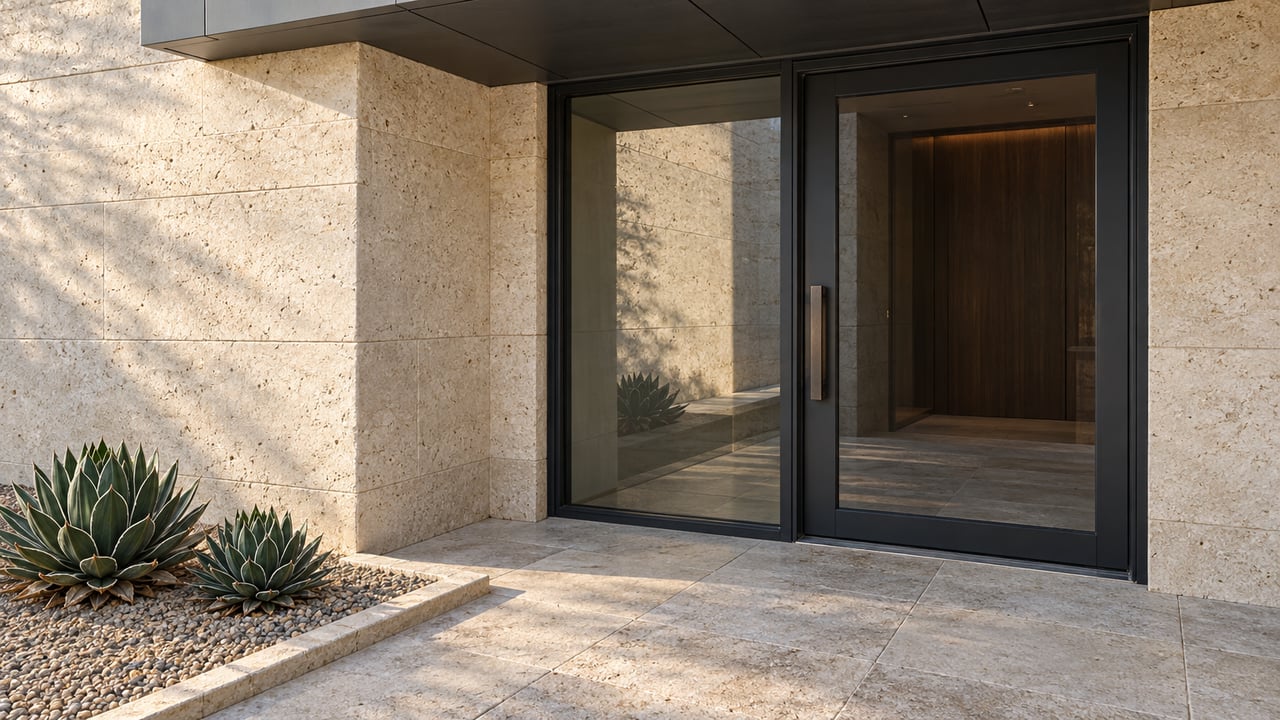 Close oblique view of a limestone villa entrance with a closed glass door, charcoal soffit, stone paving and two white-edged agaves.