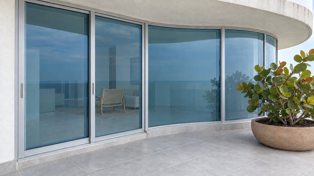 Curved condominium terrace with closed sliding-glass door, blue-tinted window panels, pale tile and a sea-grape plant in a clay container.