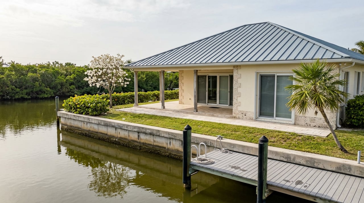 Canal-front home with cream stucco, blue-gray metal roof, covered lanai, dock, and flowering tree.