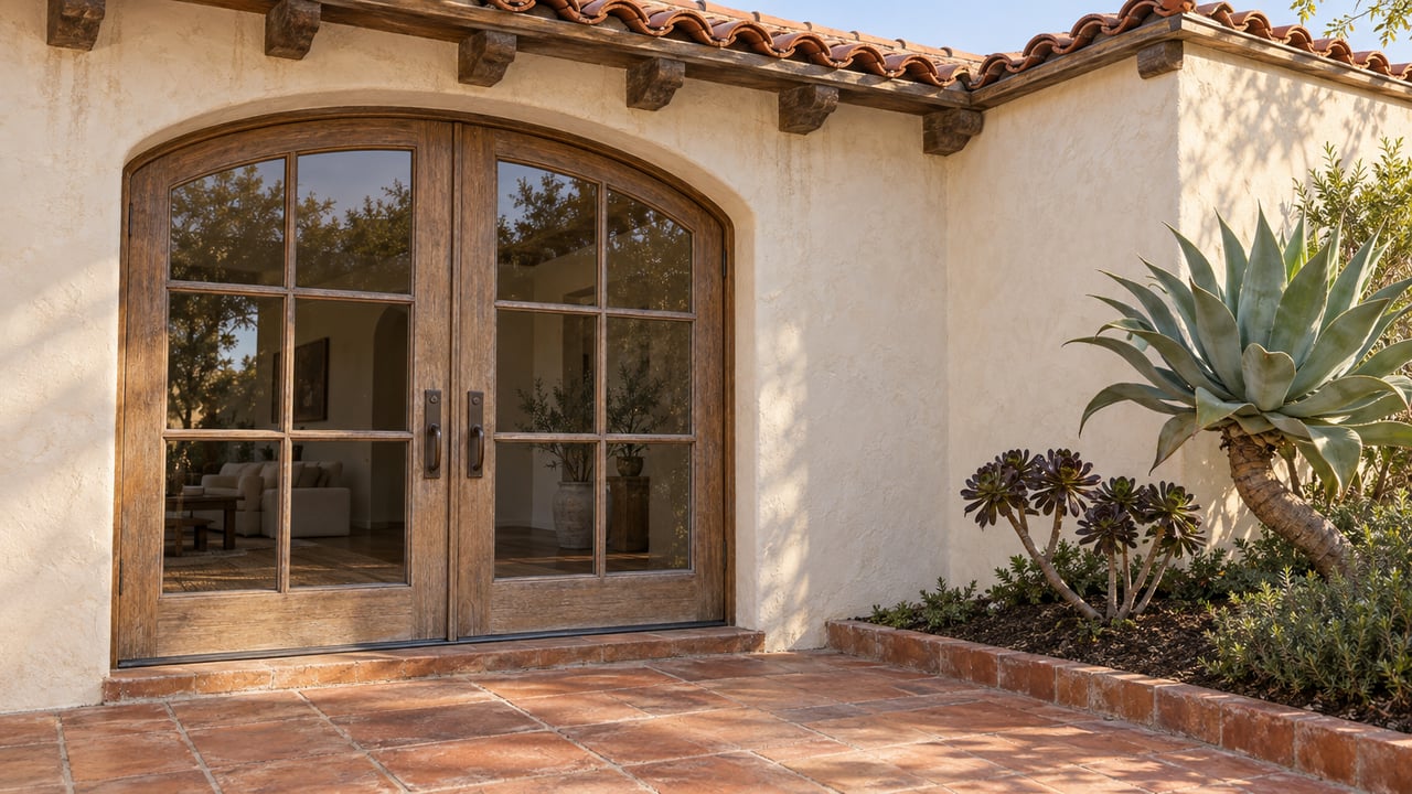 Warm light on an ivory stucco home with arched oak-framed glass doors, terracotta paving and sculptural succulents.
