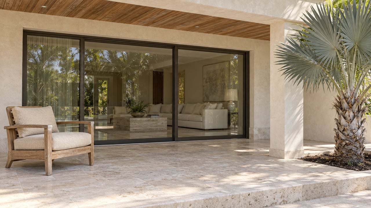 Covered terrace with pale limestone paving, a teak lounge chair, closed glass doors and a silver fan palm beside a cream stucco pier.