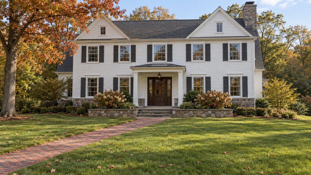 White clapboard home with dark shutters and a fieldstone foundation beyond a broad autumn lawn and brick approach.