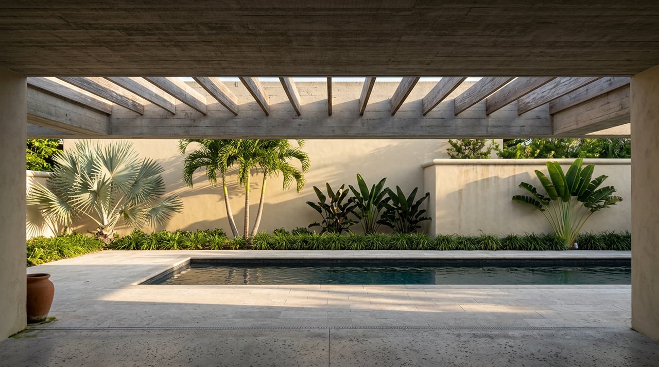 A lap pool beyond a travertine threshold, framed by a concrete breezeway and tropical courtyard plantings.