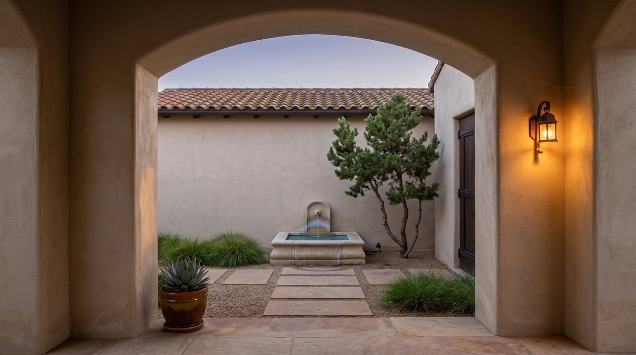 Stucco arch frames a courtyard fountain, piñon pine, dark timber door, and glowing iron sconce beneath a narrow dusk sky.