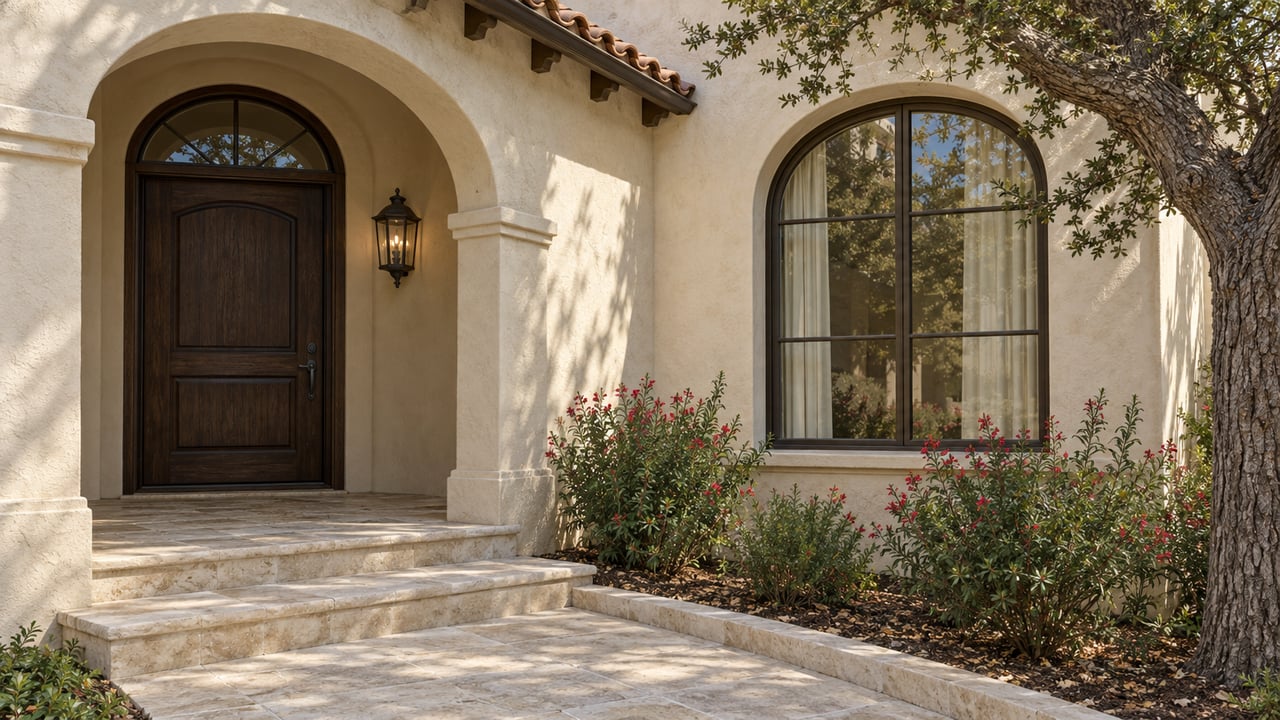 Cream stucco entry with a recessed oak door, arched window, clay roof tiles, and limestone steps beside flowering sage.
