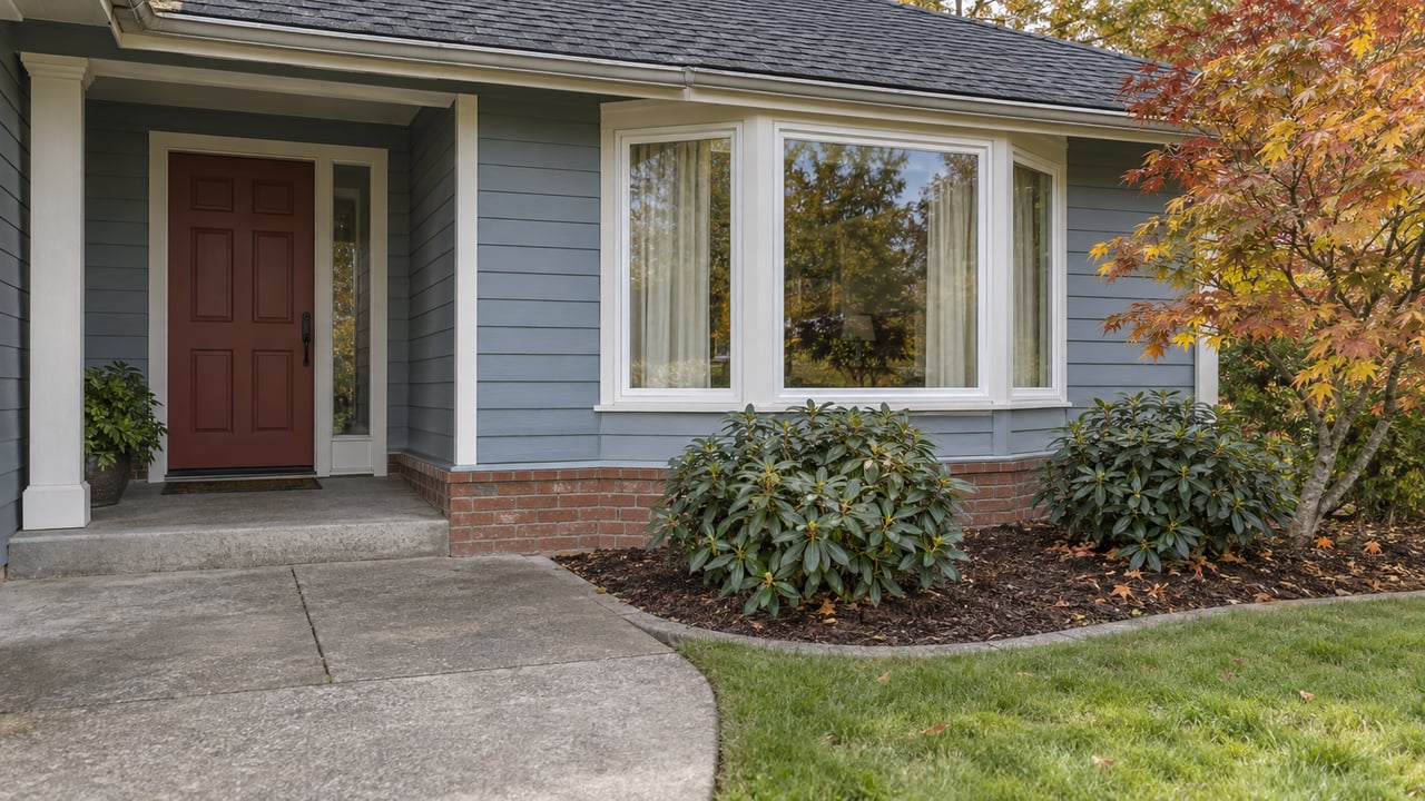 Blue-gray house with a muted red front door, white-framed bay window, brick foundation and autumn maple beside a concrete garden approach.