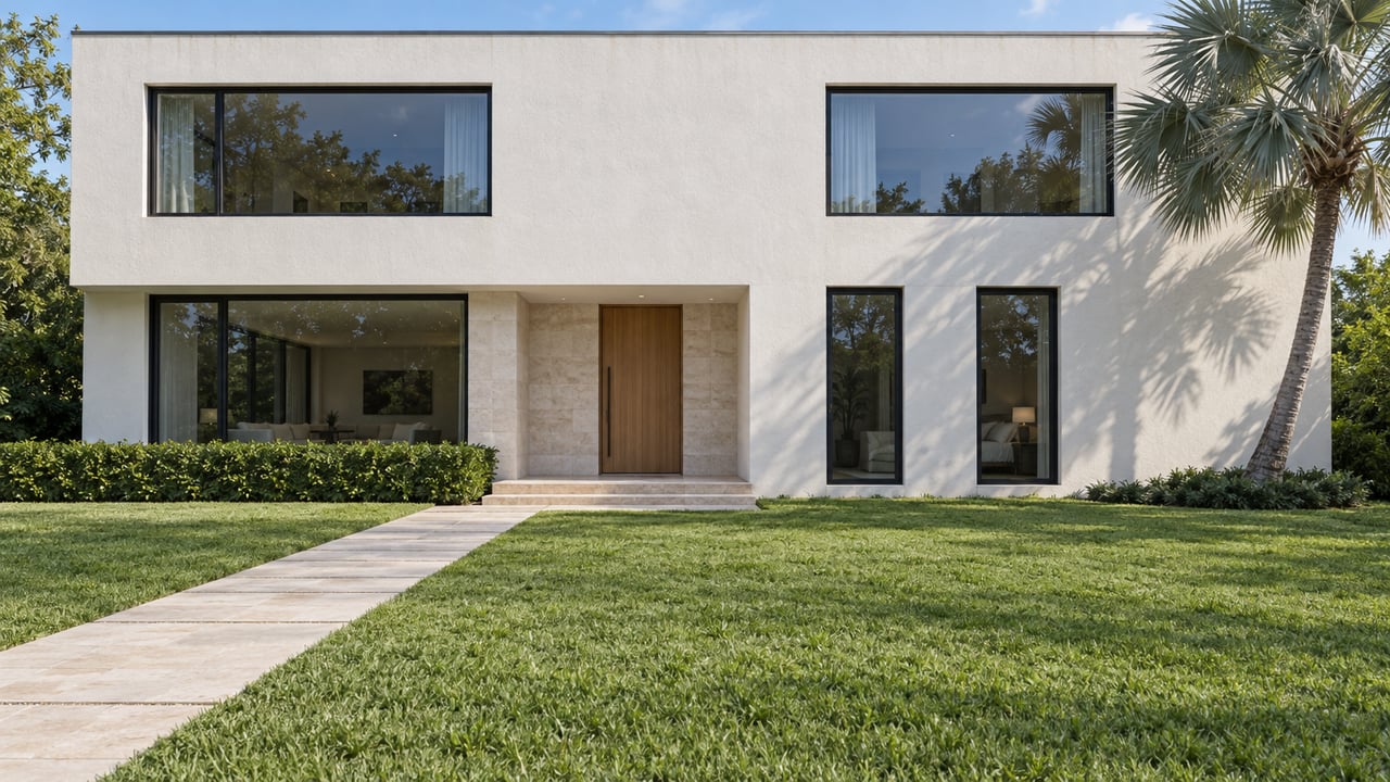 Contemporary white stucco home behind a deep green lawn, with a limestone walkway, dark-framed windows and one silver palm.