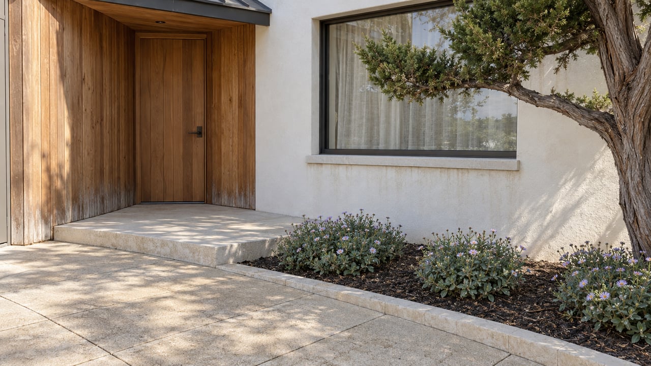 Sunlit cedar-and-stucco home entry beside a sculptural cypress, with stone steps and lavender seaside daisies bordering the terrace.