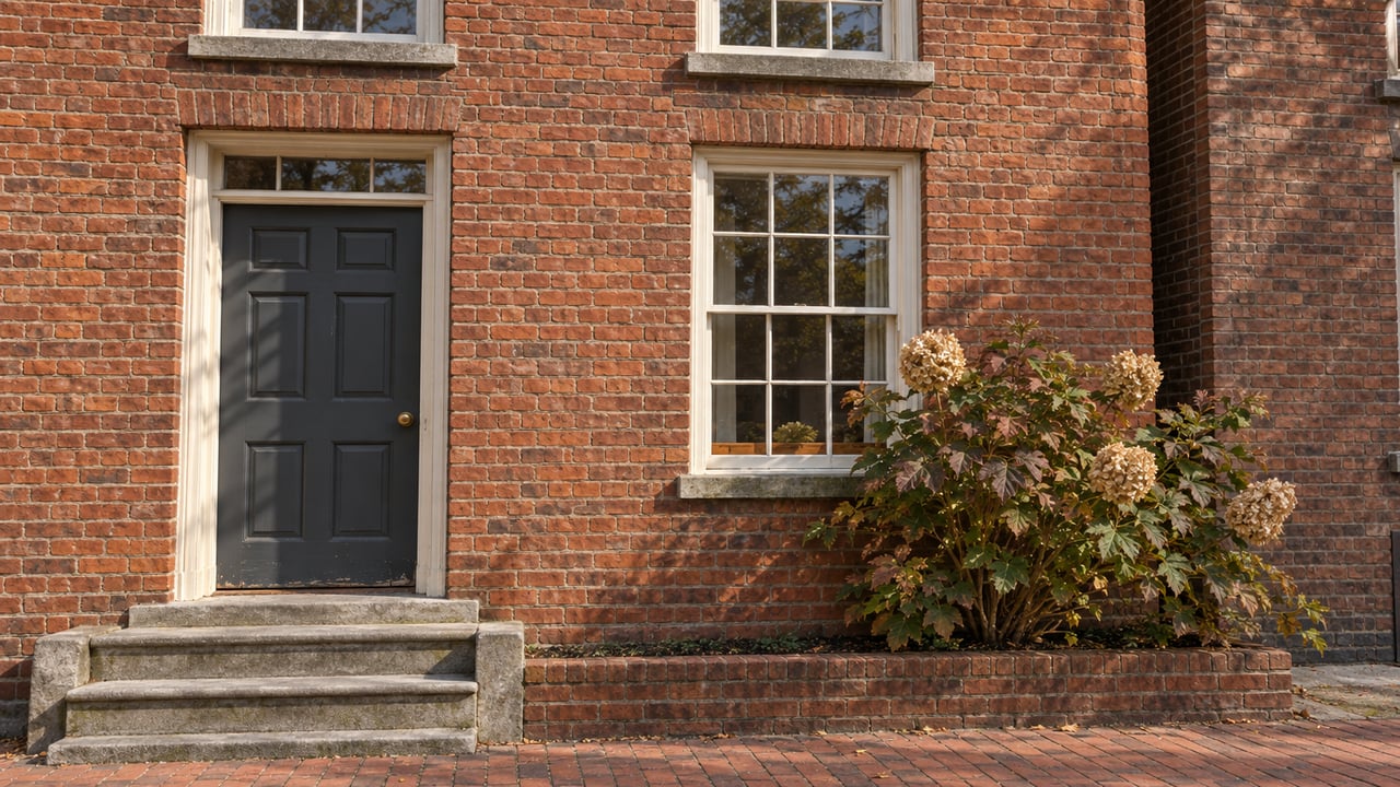 Brick rowhouse facade with ivory sash windows, a charcoal door, worn stone steps, and an oakleaf hydrangea beside a brick sidewalk.