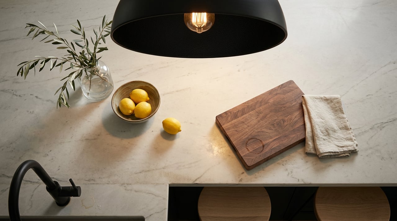Quartzite kitchen island with olive branches, lemons, a walnut board, and a black pendant light.