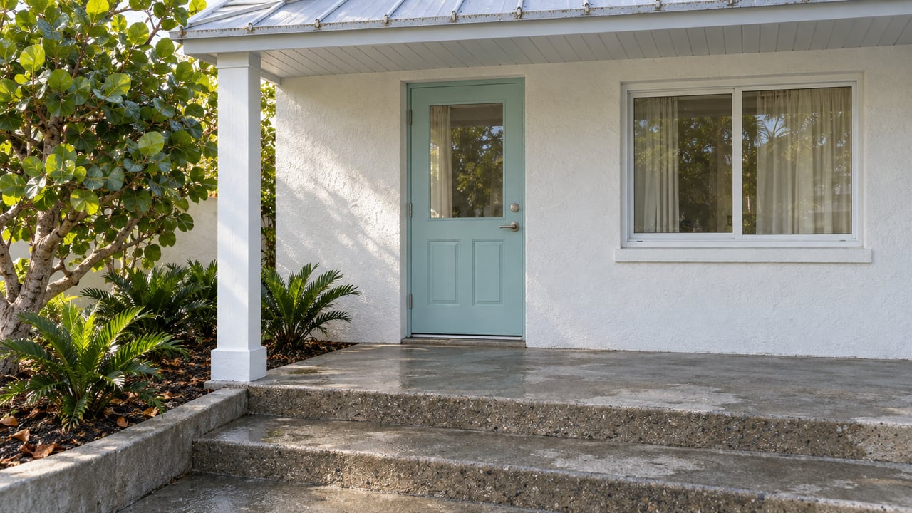 A white stucco home's shaded porch with a pale turquoise door, silver metal roof, worn concrete steps and a sea grape tree beside a planted bed.