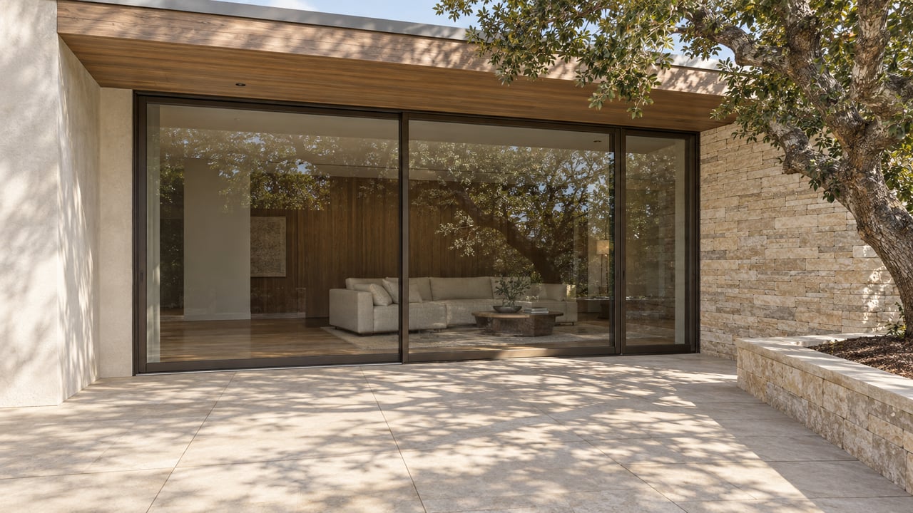 Covered limestone terrace beside a glazed living room, with warm wood soffits, pale stone walls and a mature oak in a raised bed.