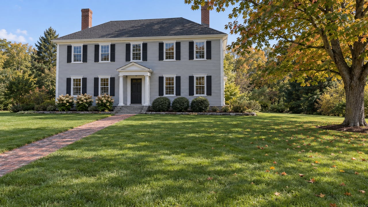 Light-gray clapboard home behind a broad lawn and brick walk, with a white portico and a mature maple turning gold.