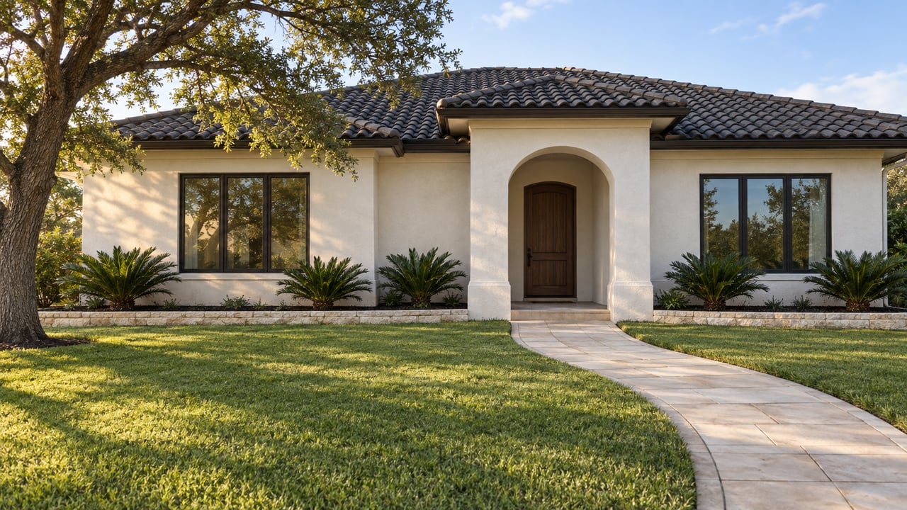 Warm white stucco home with a dark tiled hip roof, recessed arched entry, deep green lawn and a mature live oak.