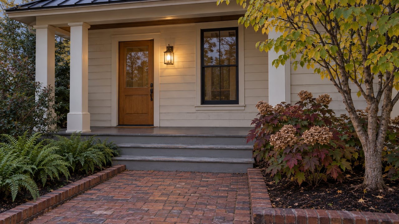 An ivory-sided home's covered porch at dusk, with a warm wood entry door, brick walk, redbud tree, and autumn oakleaf hydrangeas.
