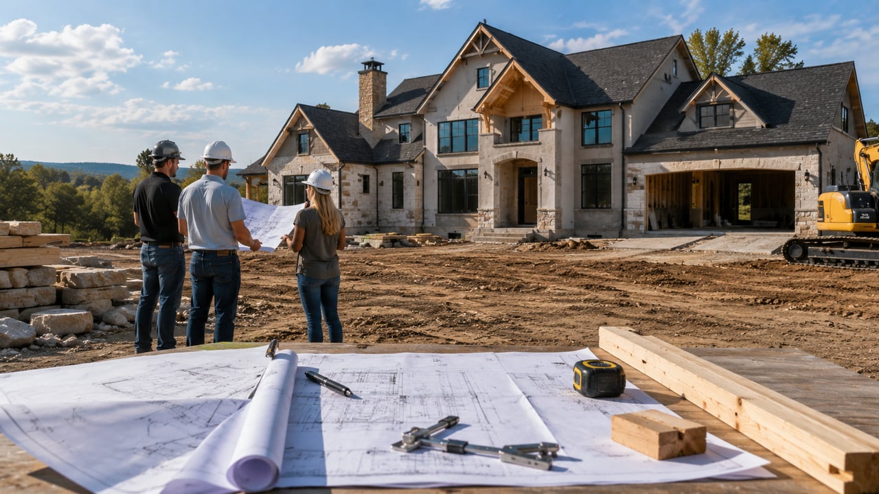 Luxury custom home under construction with builders reviewing architectural plans, showcasing the planning, construction, and craftsmanship involved in building a high-end custom home.