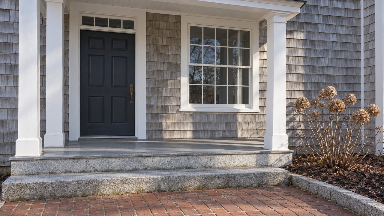 Winter sunlight crosses a cedar-shingled home entrance with white porch posts, a dark door, granite steps and a dormant hydrangea.