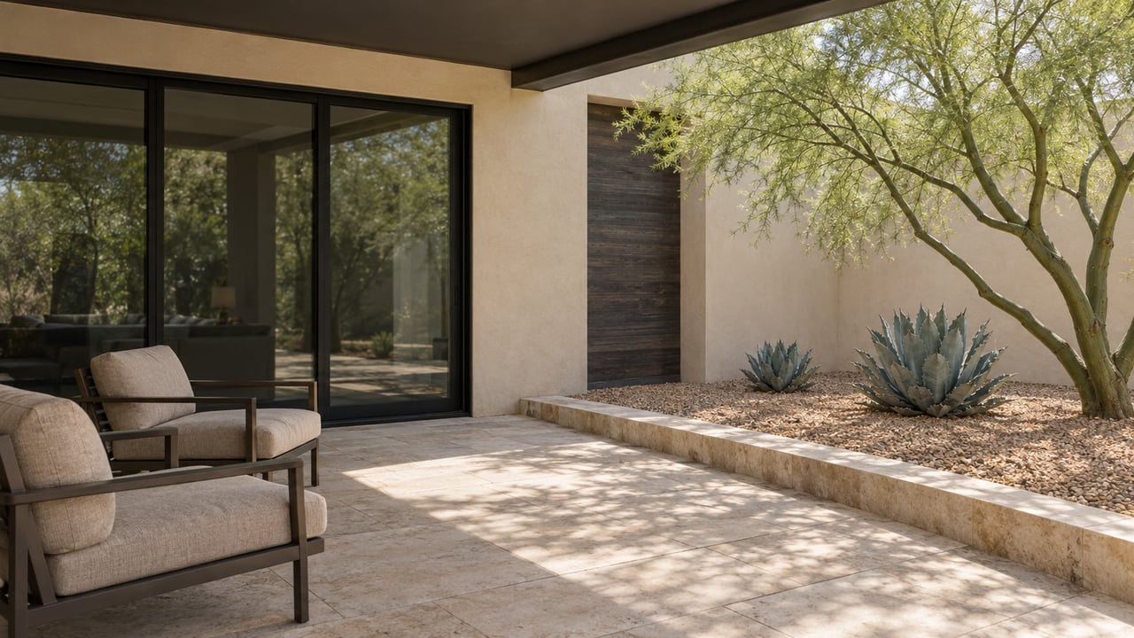 Shaded limestone terrace with two cushioned lounge chairs, black-framed glass doors, and a green-barked tree beside two sculptural agaves.