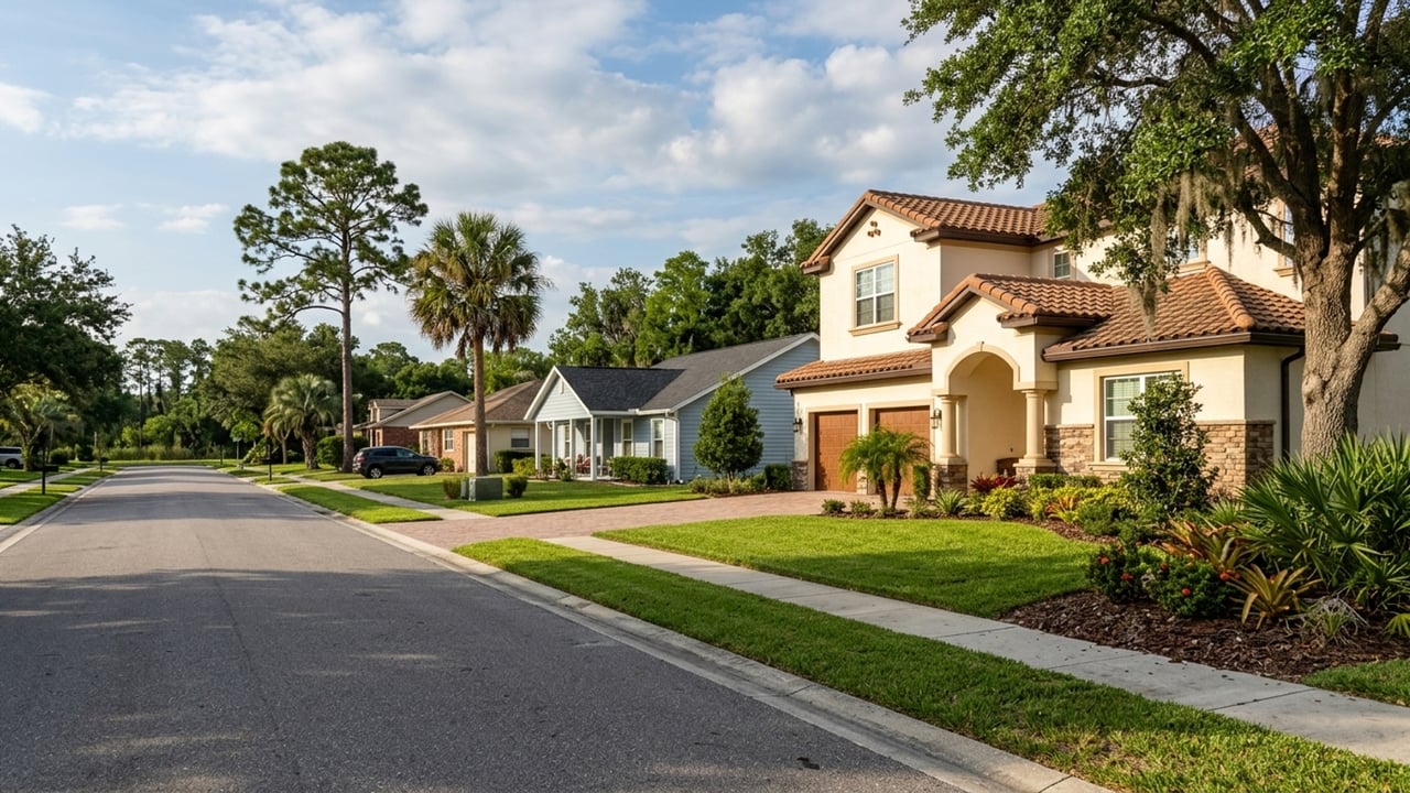 Residential street with a large tan stucco home, tiled roof, lawn, and mature trees.