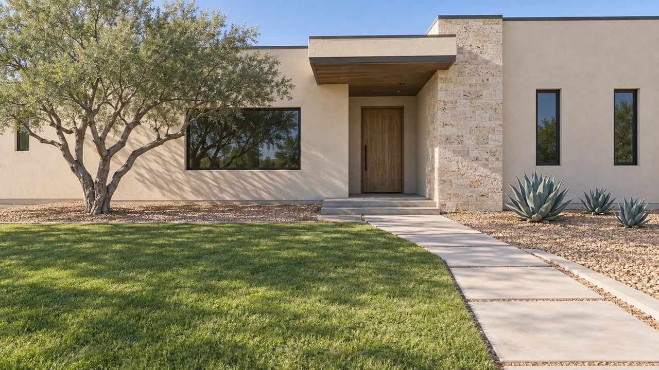 Low single-story home with ivory stucco, pale stone entry, dark-framed windows, and a deep front yard combining lawn and sculptural desert planting.